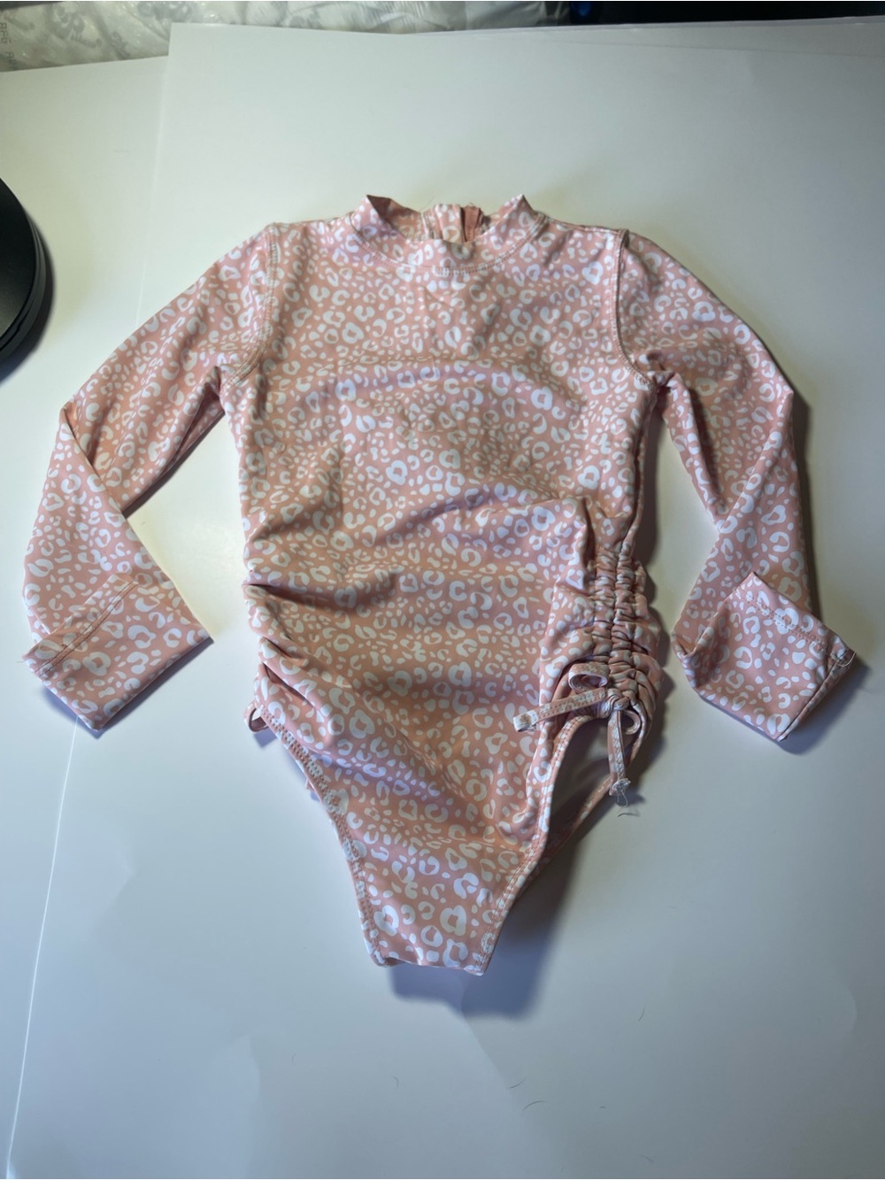 Tahari Girls size 6 Pink Leopard Print LS  
Swimsuit Side Drawstring. EUC